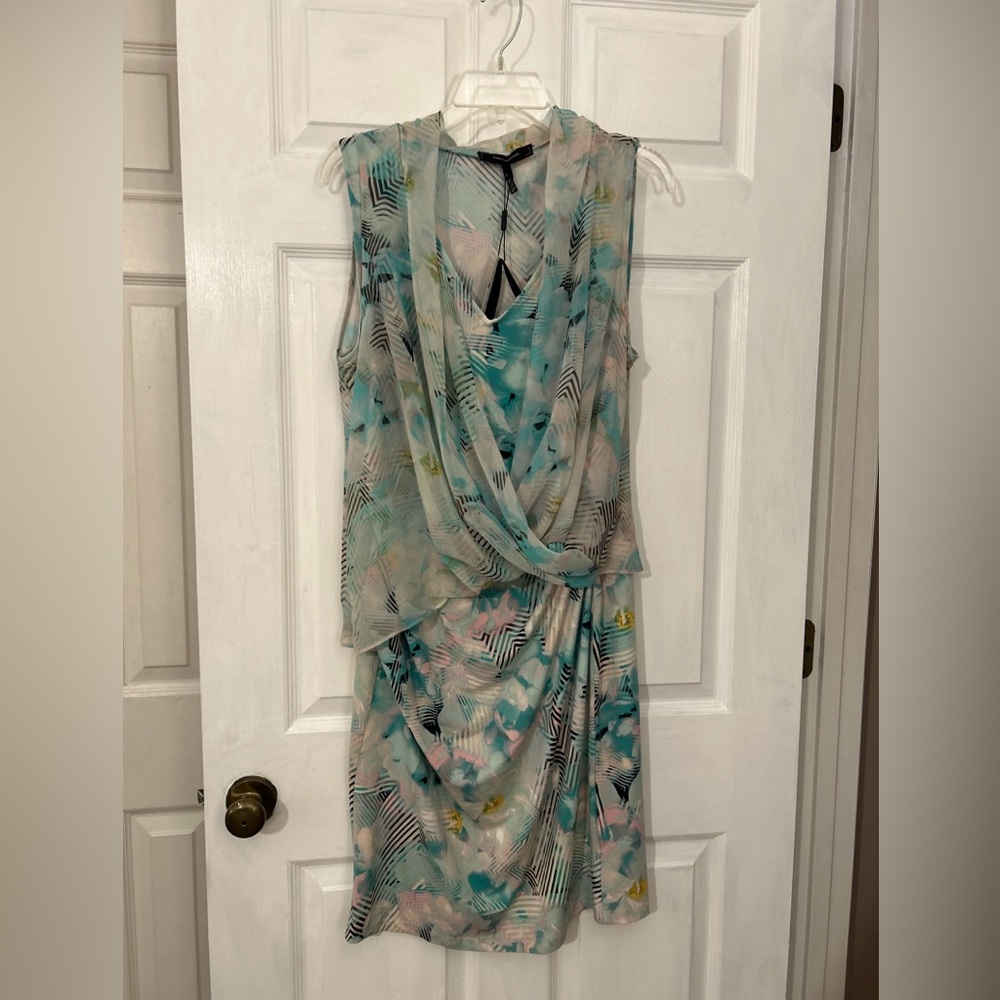 NWT ROBERT RODRIGUEZ Dress Size L Large Sheer Upper Overlay Draped Floral Print